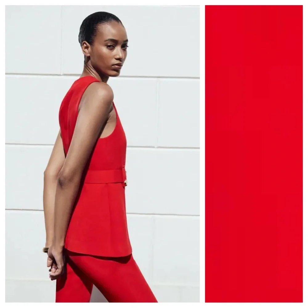 NWT. Zara Red Viscose Blend Long Vest with Belt. Size S.